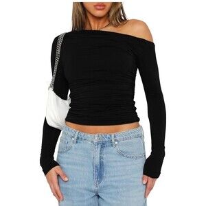 Darong Womens Long Sleeves Shirt Black Off The Shoulder Ruched Size M